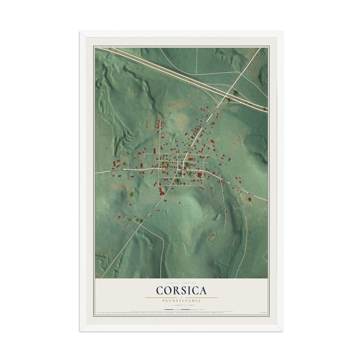 Map of Corsica, Pennsylvania, 12 x 18 inch print in a white wood frame