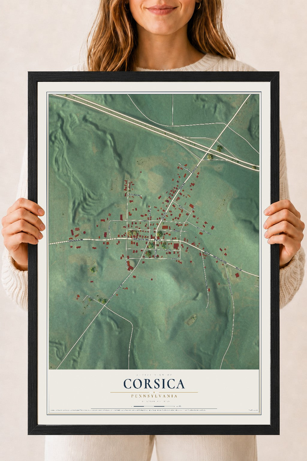 Map of Corsica, Pennsylvania, 18 x 24 inch print in a black wood frame
