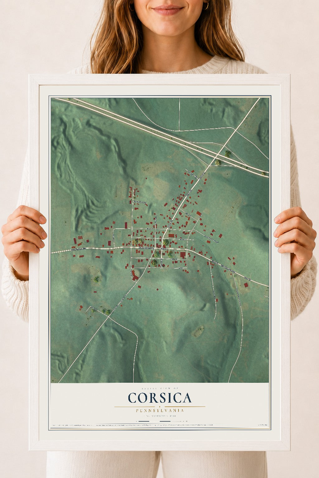 Map of Corsica, Pennsylvania, 18 x 24 inch print in a white wood frame