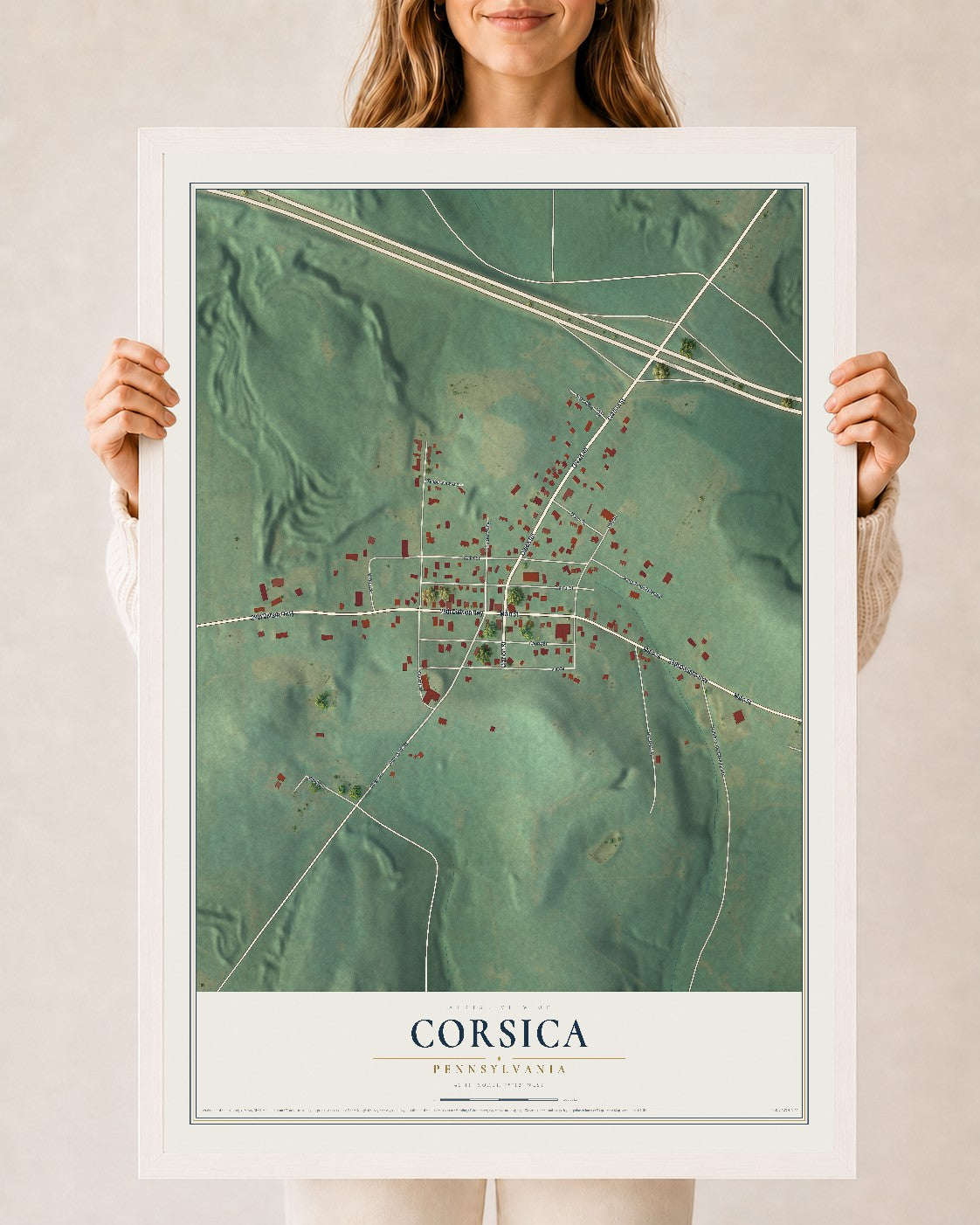 Map of Corsica, Pennsylvania, 24 x 36 inch print in a white wood frame