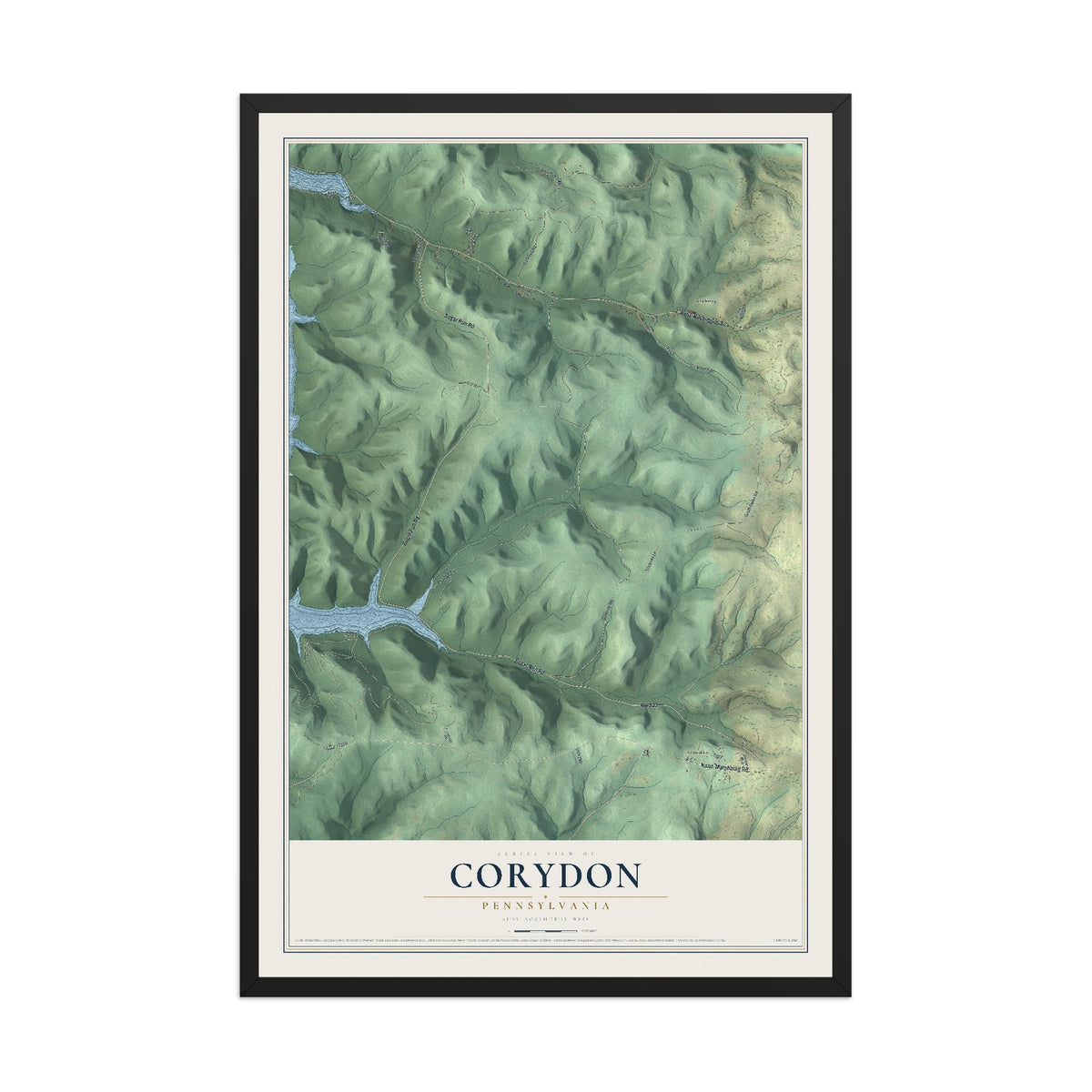 Map of Corydon, Pennsylvania, 12 x 18 inch print in a black wood frame