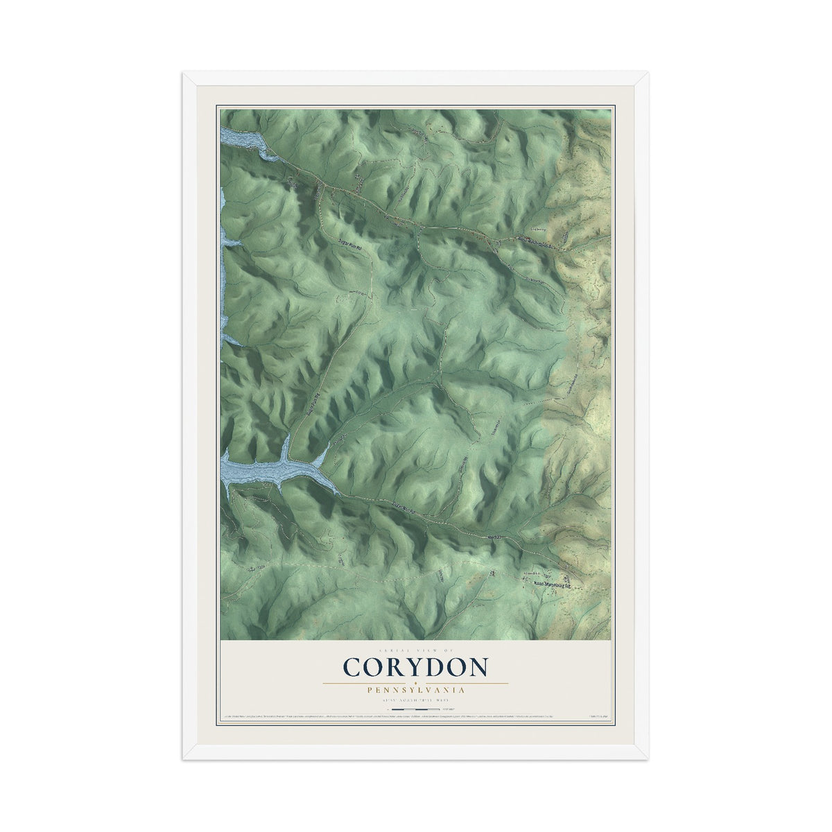 Map of Corydon, Pennsylvania, 12 x 18 inch print in a white wood frame