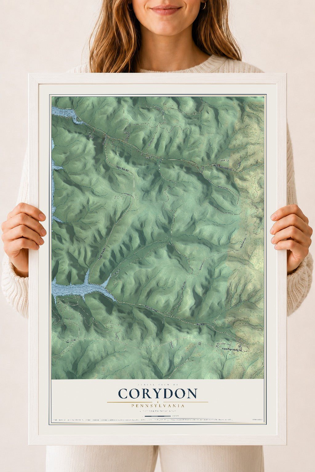 Map of Corydon, Pennsylvania, 18 x 24 inch print in a white wood frame
