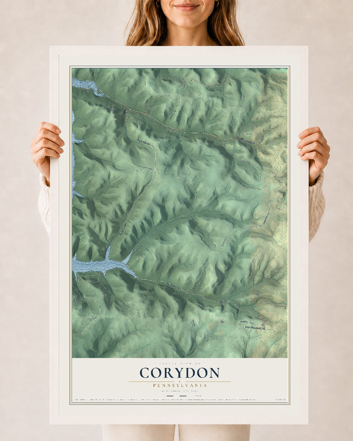 Map of Corydon, Pennsylvania, 24 x 36 inch print in a white wood frame