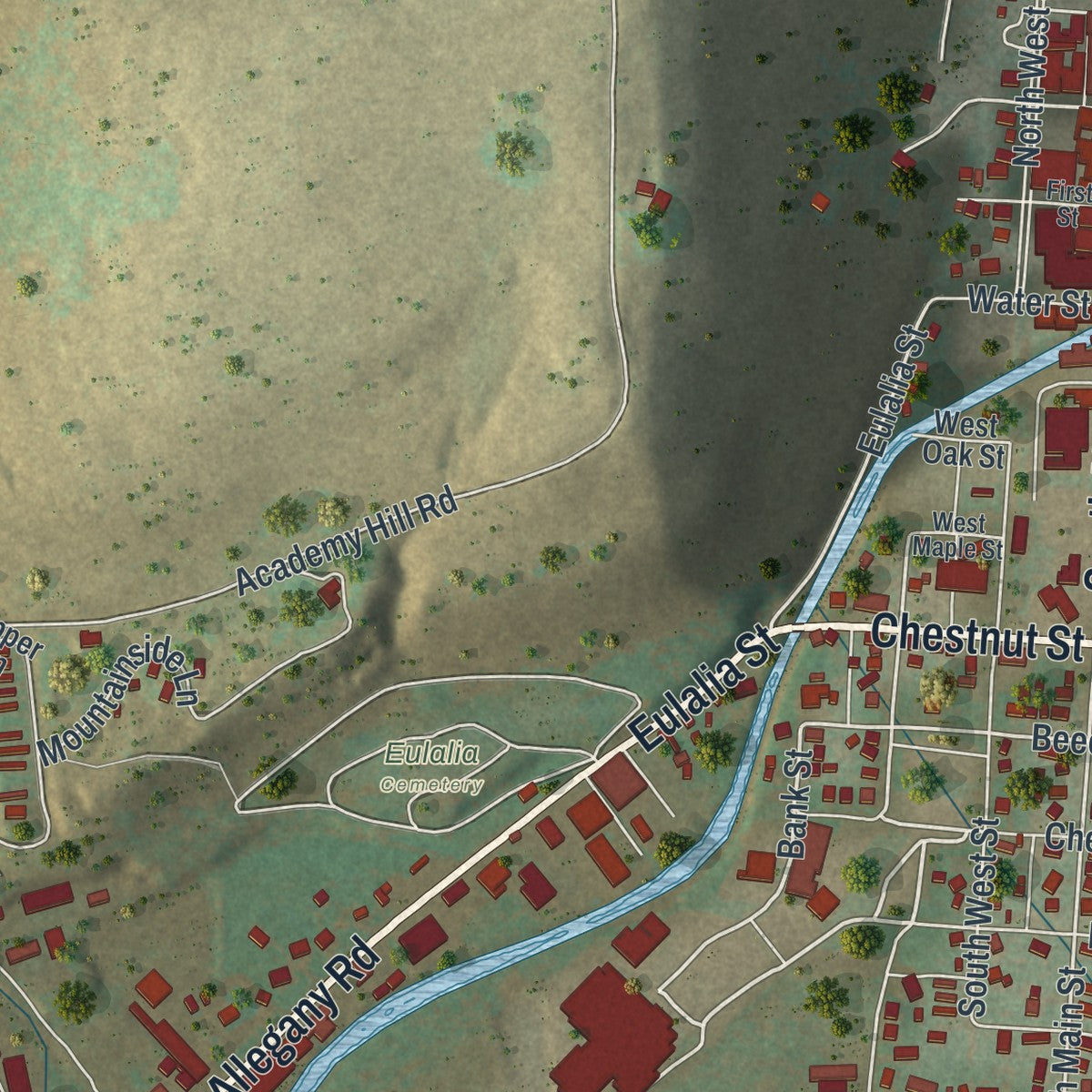 Second close-up of the map of Coudersport, Pennsylvania print showing more streets and buildings