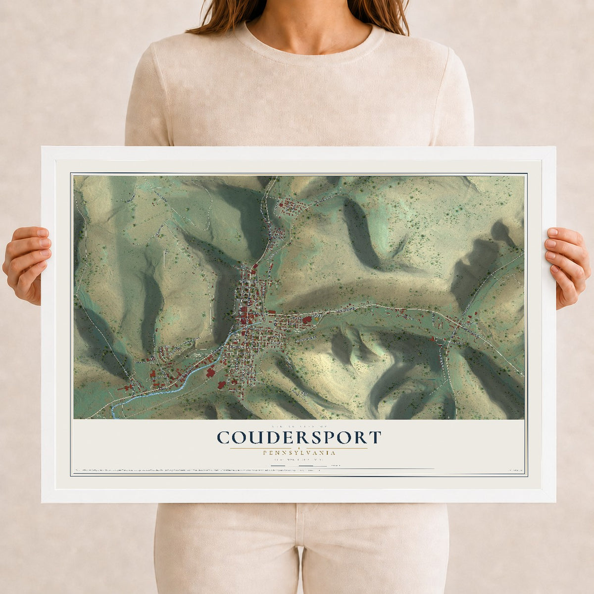 Map of Coudersport, Pennsylvania, 12 x 18 inch print in a white wood frame