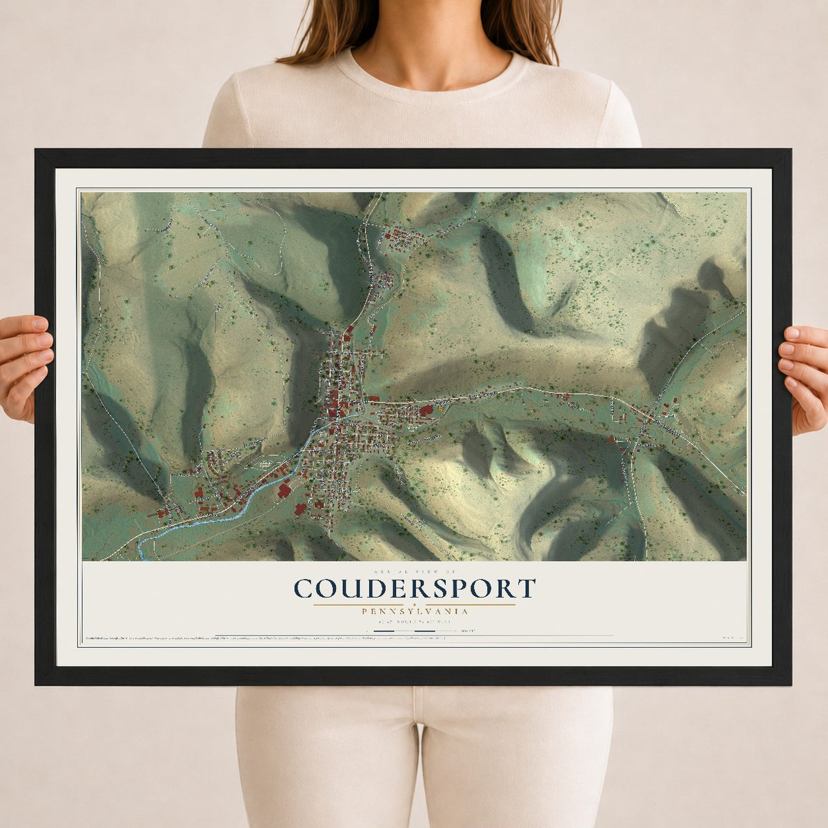 Map of Coudersport, Pennsylvania, 18 x 24 inch print in a black wood frame