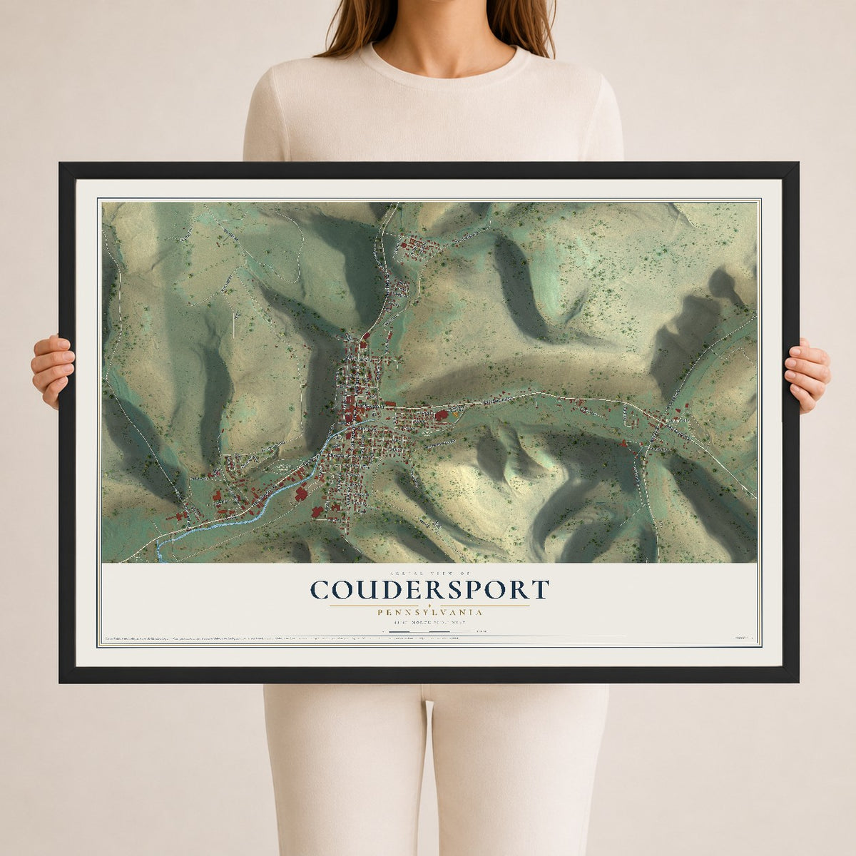 Map of Coudersport, Pennsylvania, 24 x 36 inch print in a black wood frame