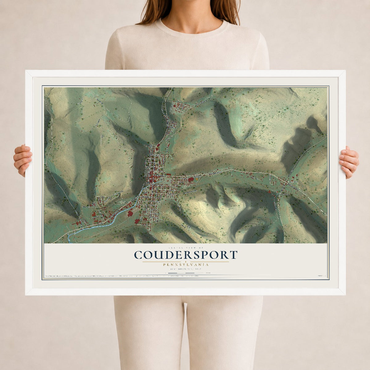 Map of Coudersport, Pennsylvania, 24 x 36 inch print in a white wood frame