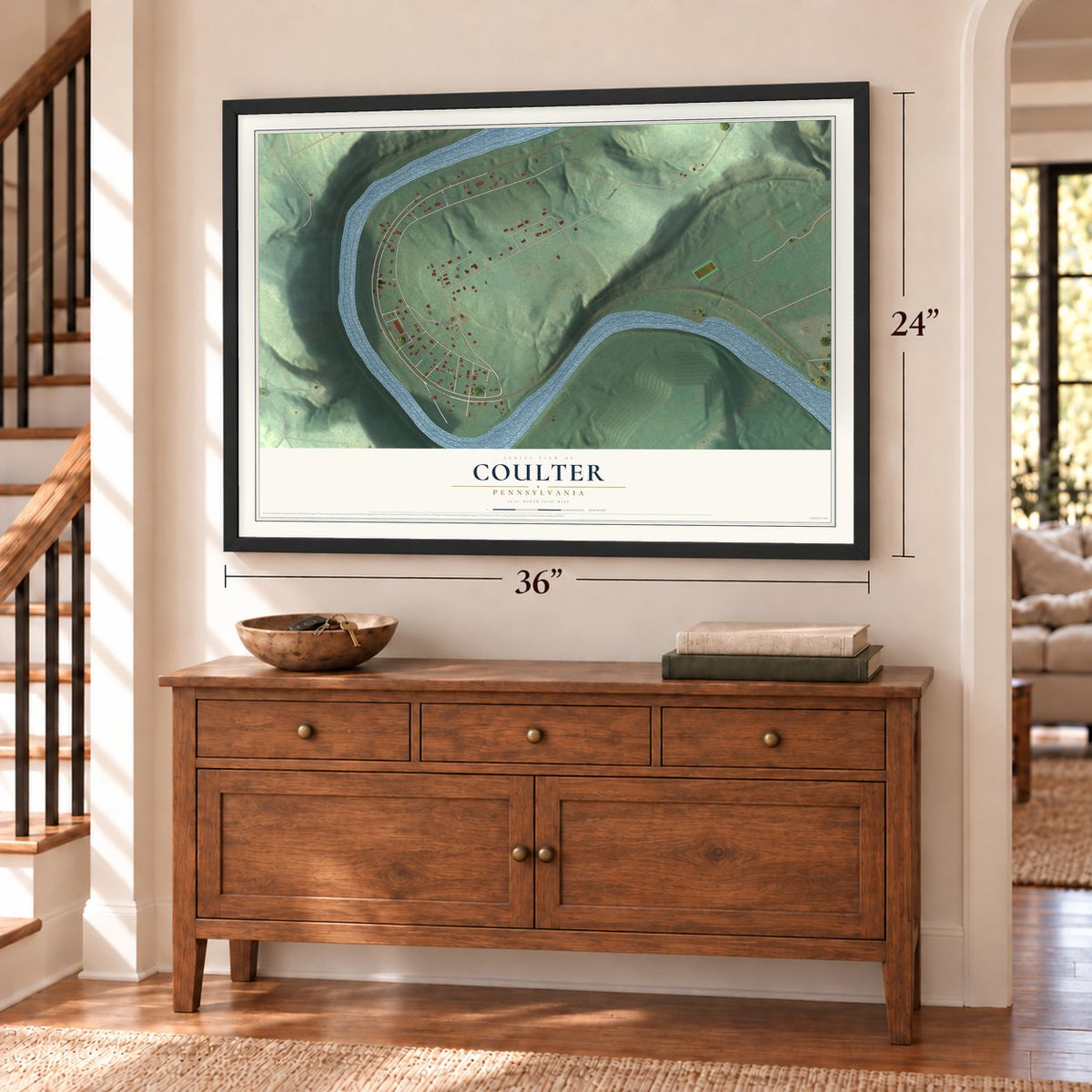 Coulter, Pennsylvania map, 24 x 36 inch print in a black frame above a dresser by a staircase