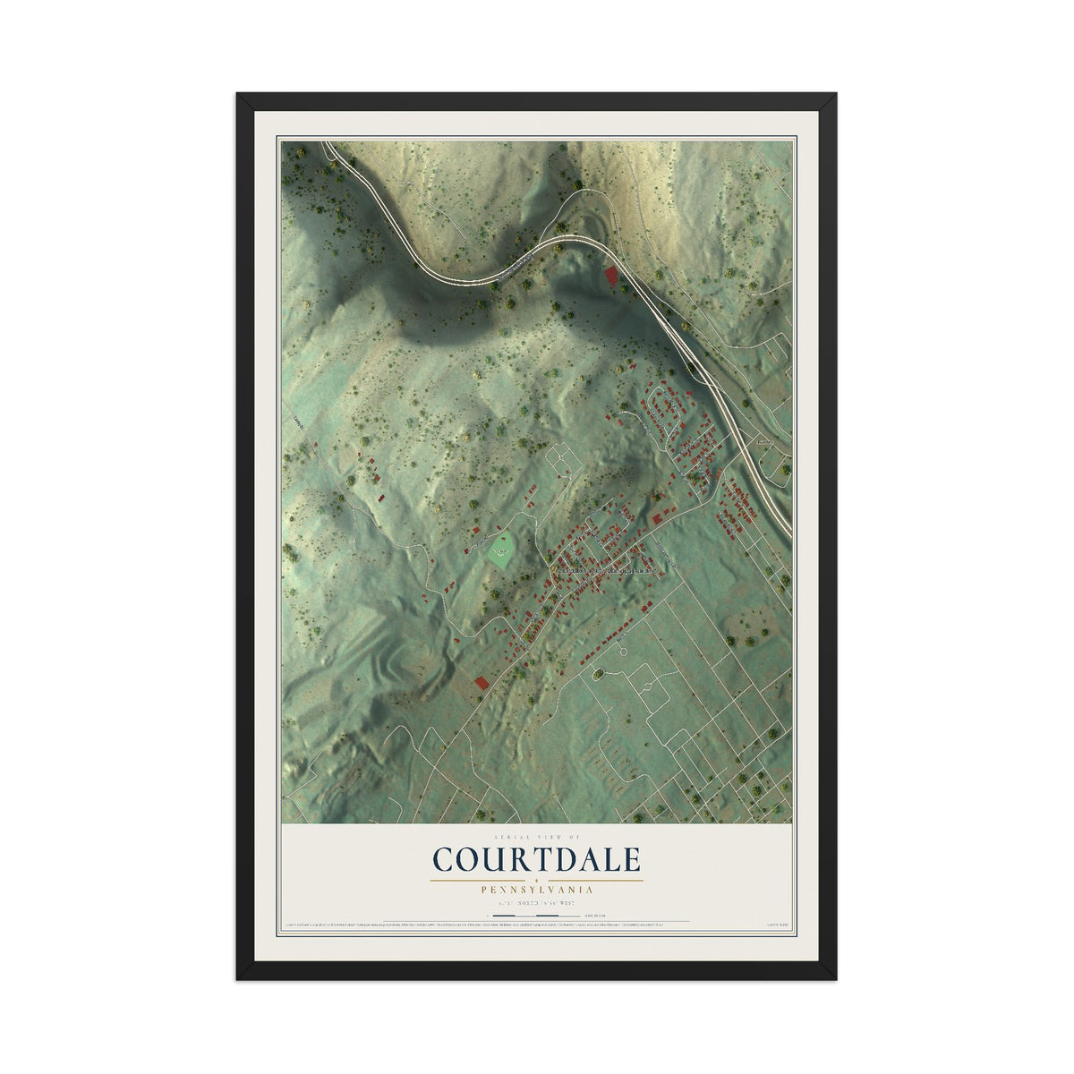 Map of Courtdale, Pennsylvania, 12 x 18 inch print in a black wood frame