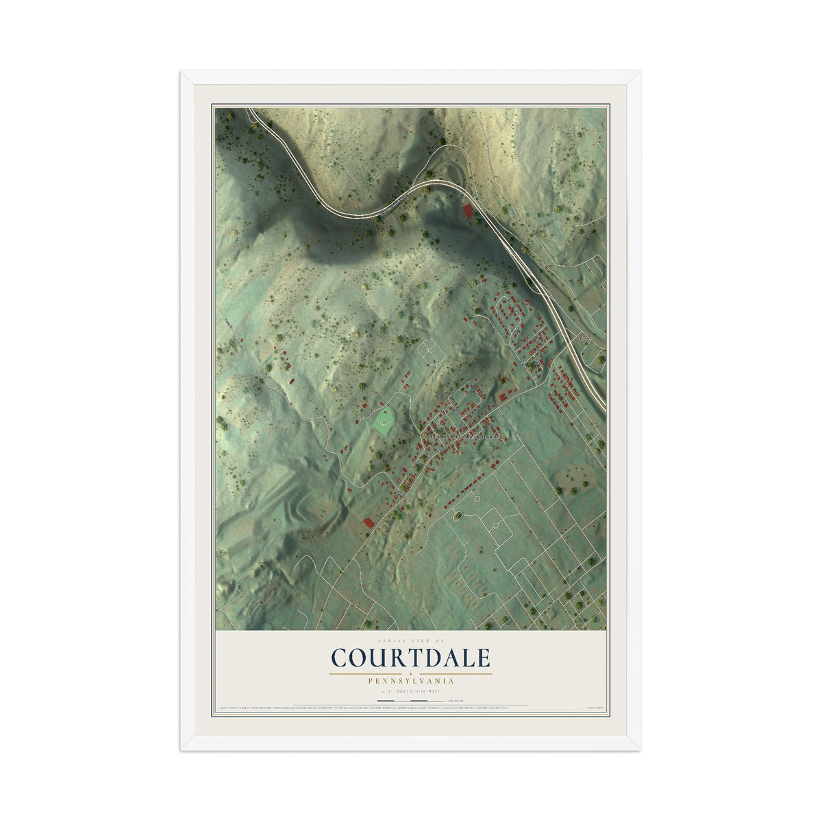 Map of Courtdale, Pennsylvania, 12 x 18 inch print in a white wood frame