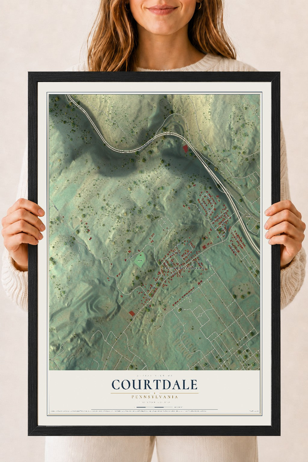 Map of Courtdale, Pennsylvania, 18 x 24 inch print in a black wood frame