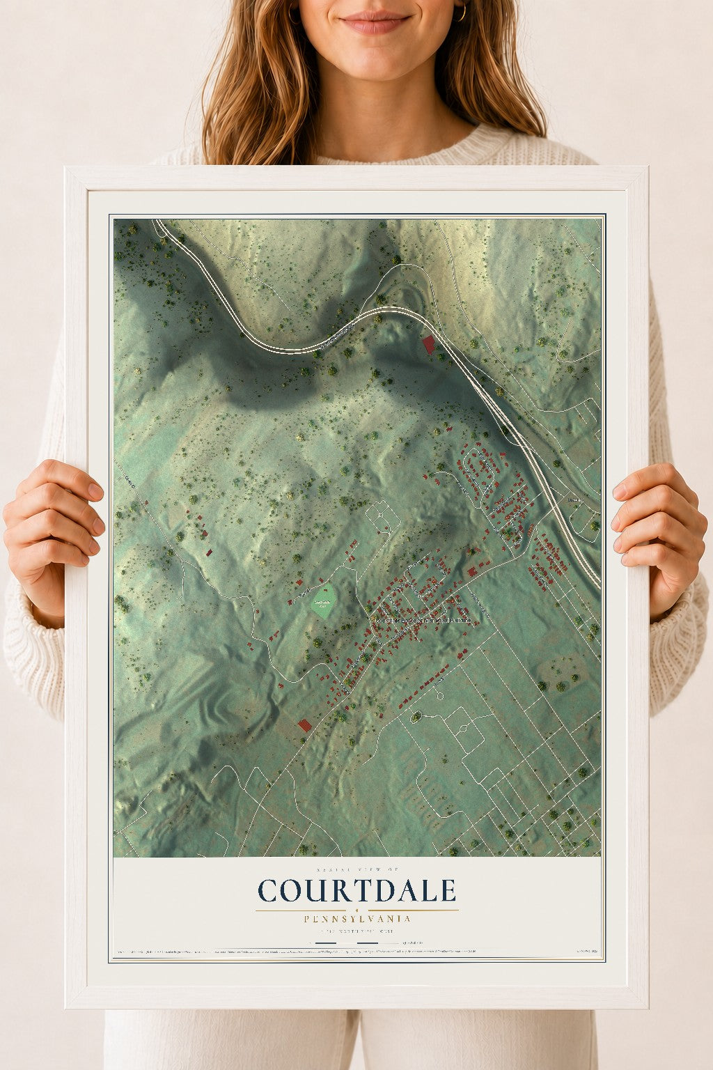 Map of Courtdale, Pennsylvania, 18 x 24 inch print in a white wood frame