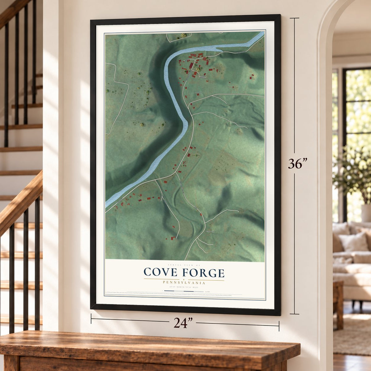 Cove Forge, Pennsylvania map, 24 x 36 inch print in a black frame by a staircase