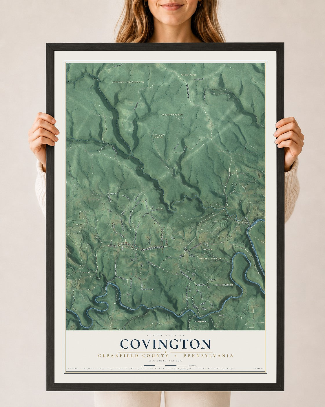 Map of Covington, Clearfield County, Pennsylvania, 24 x 36 inch print in a black wood frame