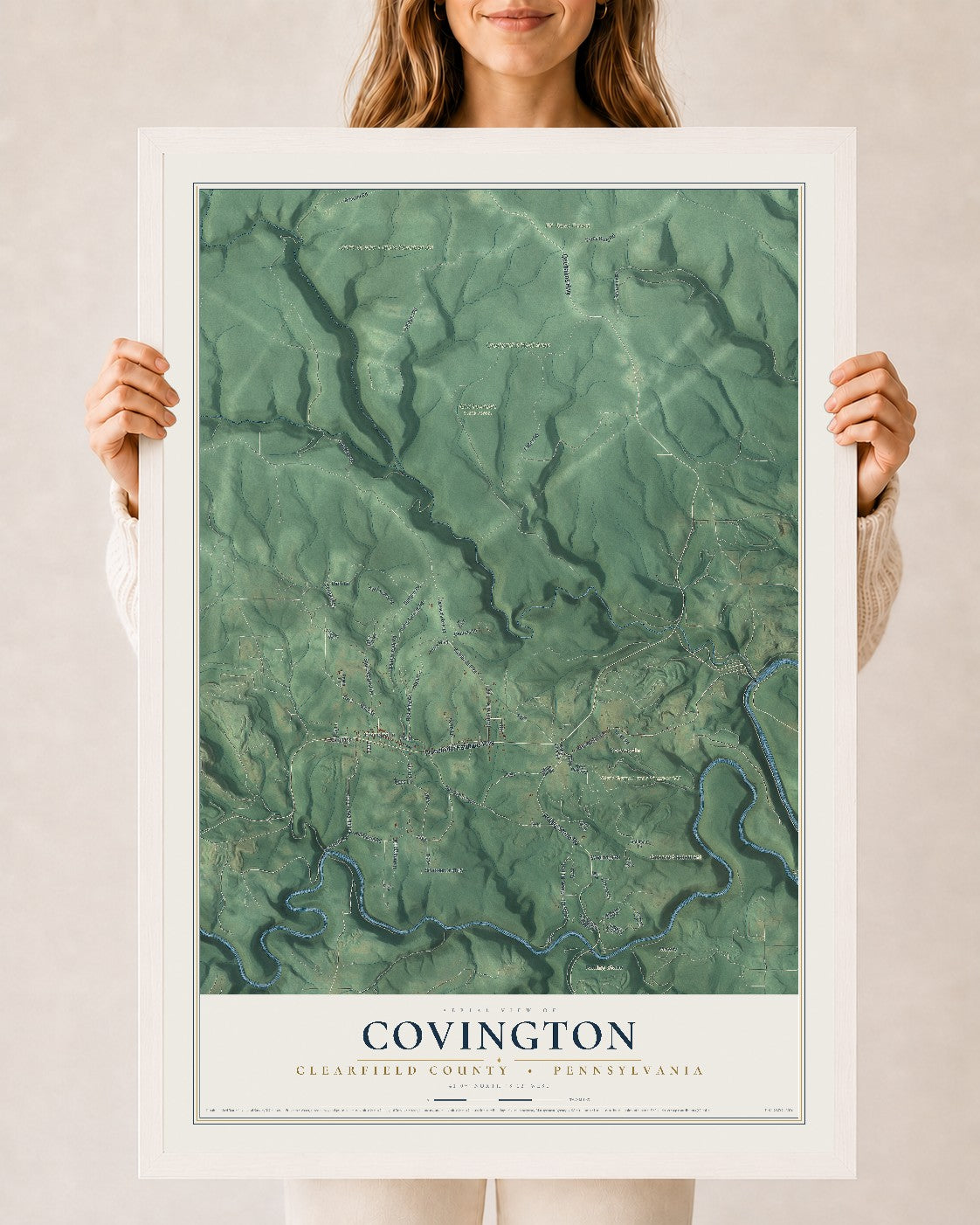 Map of Covington, Clearfield County, Pennsylvania, 24 x 36 inch print in a white wood frame