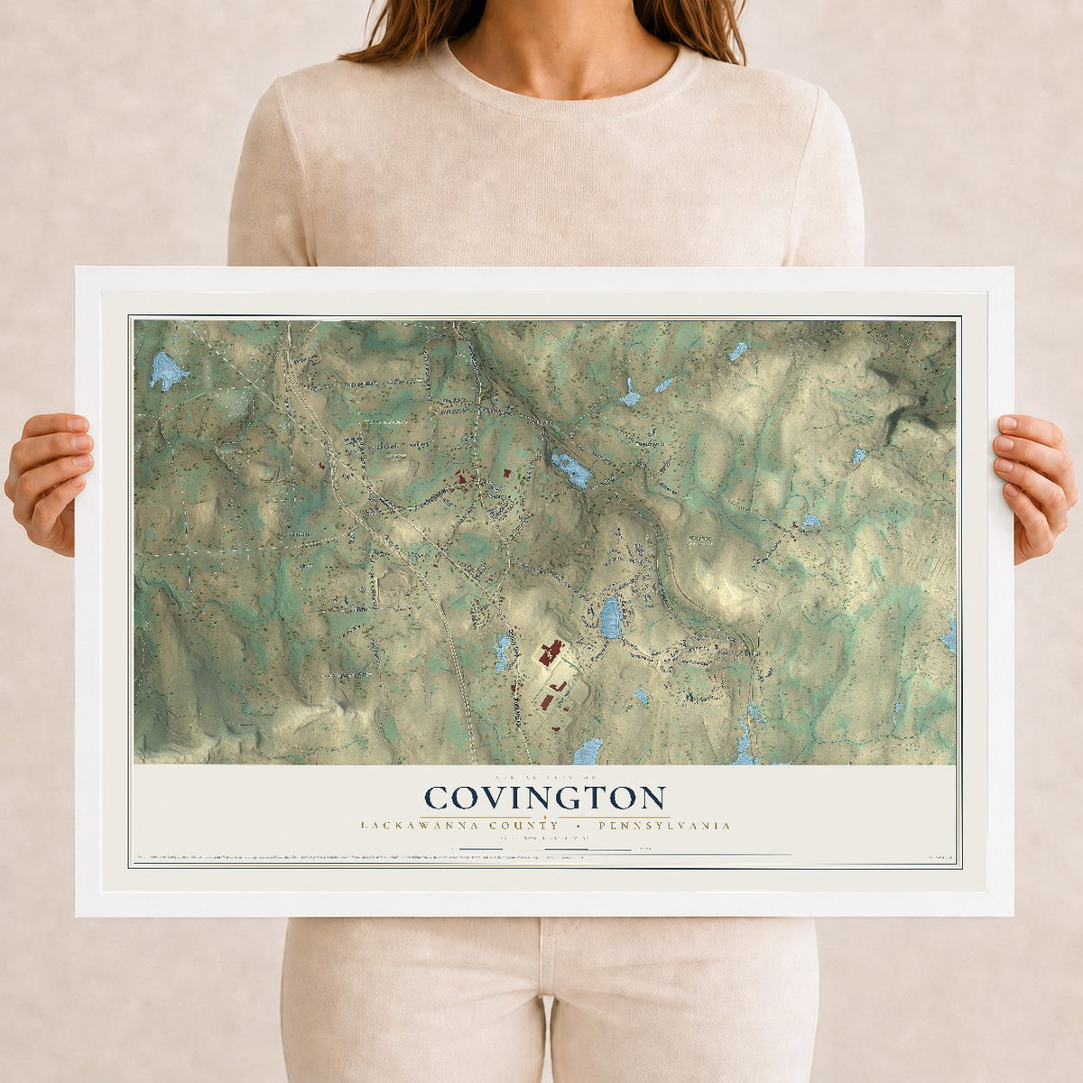 Map of Covington, Lackawanna County, Pennsylvania, 12 x 18 inch print in a white wood frame