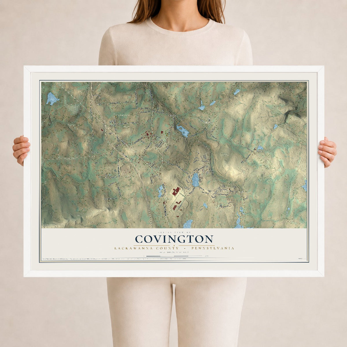 Map of Covington, Lackawanna County, Pennsylvania, 24 x 36 inch print in a white wood frame