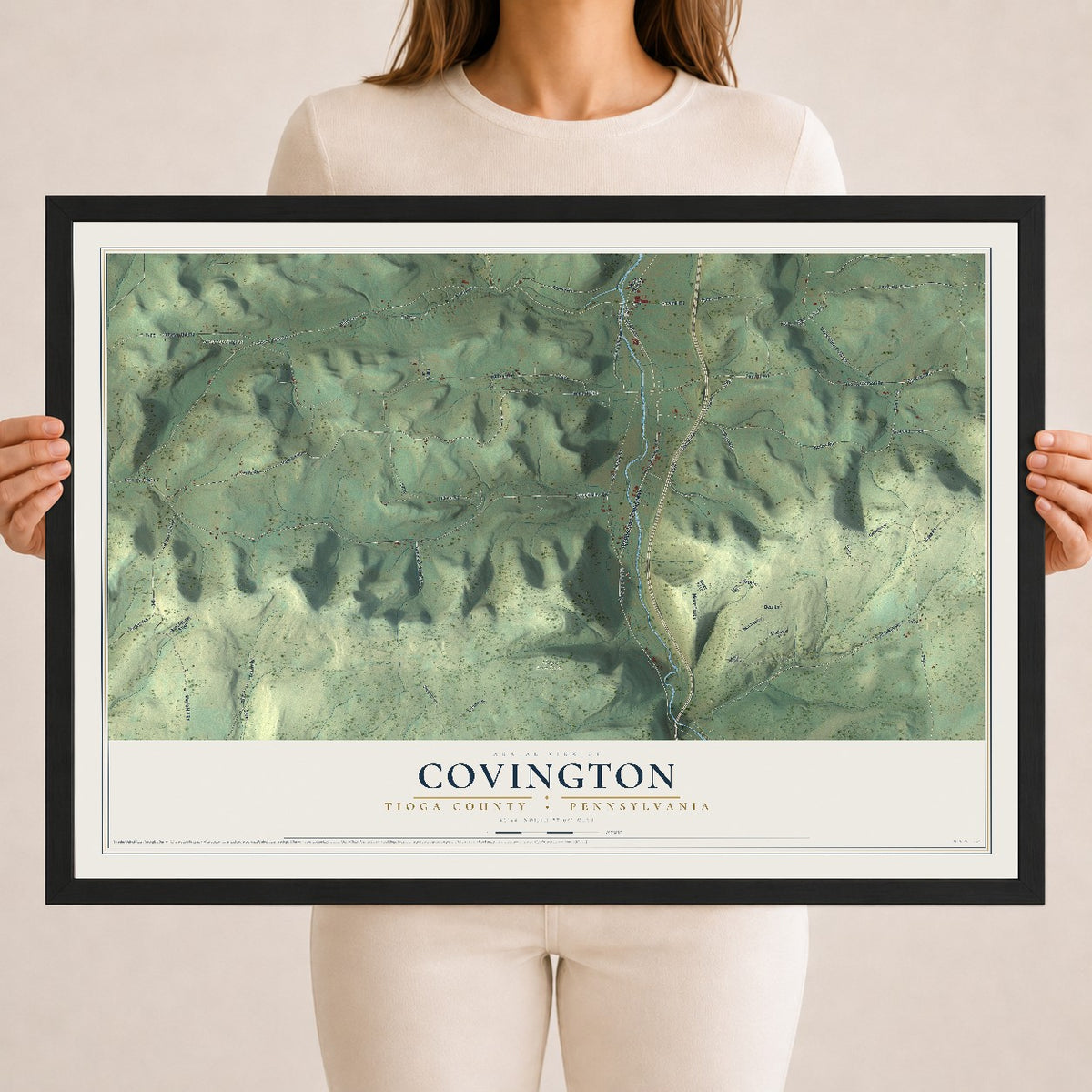 Map of Covington, Tioga County, Pennsylvania, 18 x 24 inch print in a black wood frame
