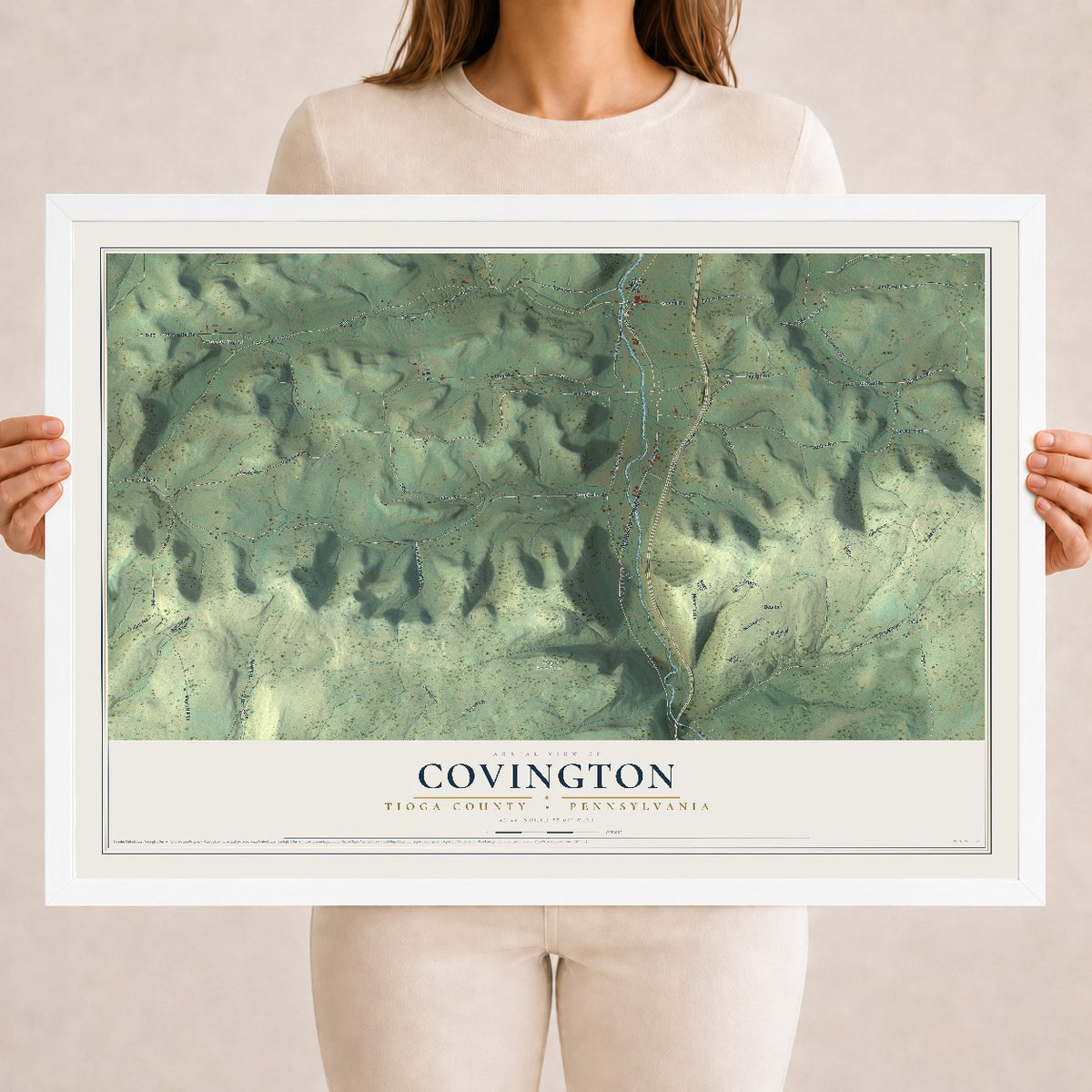 Map of Covington, Tioga County, Pennsylvania, 18 x 24 inch print in a white wood frame