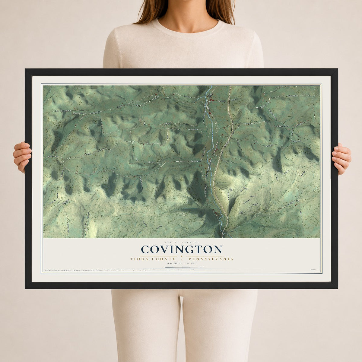 Map of Covington, Tioga County, Pennsylvania, 24 x 36 inch print in a black wood frame