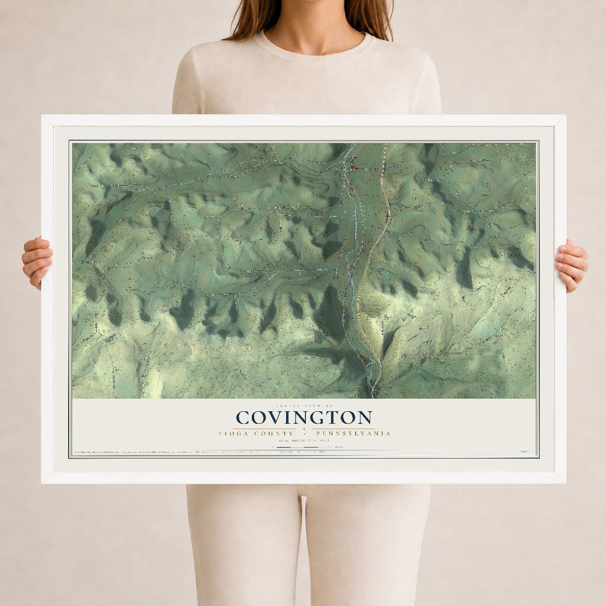 Map of Covington, Tioga County, Pennsylvania, 24 x 36 inch print in a white wood frame