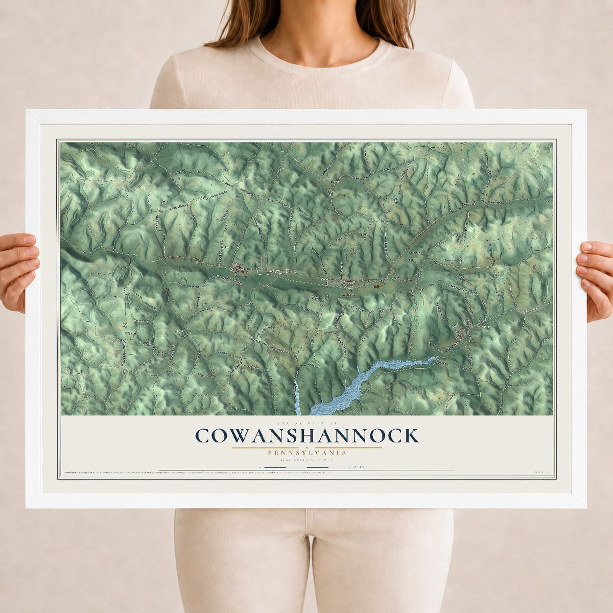 Map of Cowanshannock, Pennsylvania, 18 x 24 inch print in a white wood frame