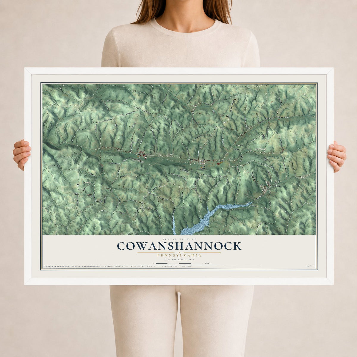 Map of Cowanshannock, Pennsylvania, 24 x 36 inch print in a white wood frame