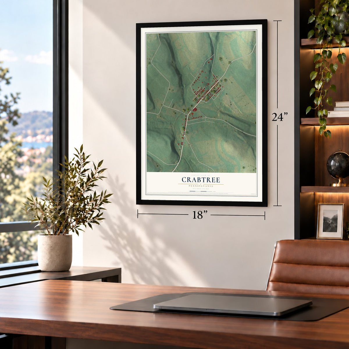 Crabtree, Pennsylvania map, 18 x 24 inch print in a black frame in a home office