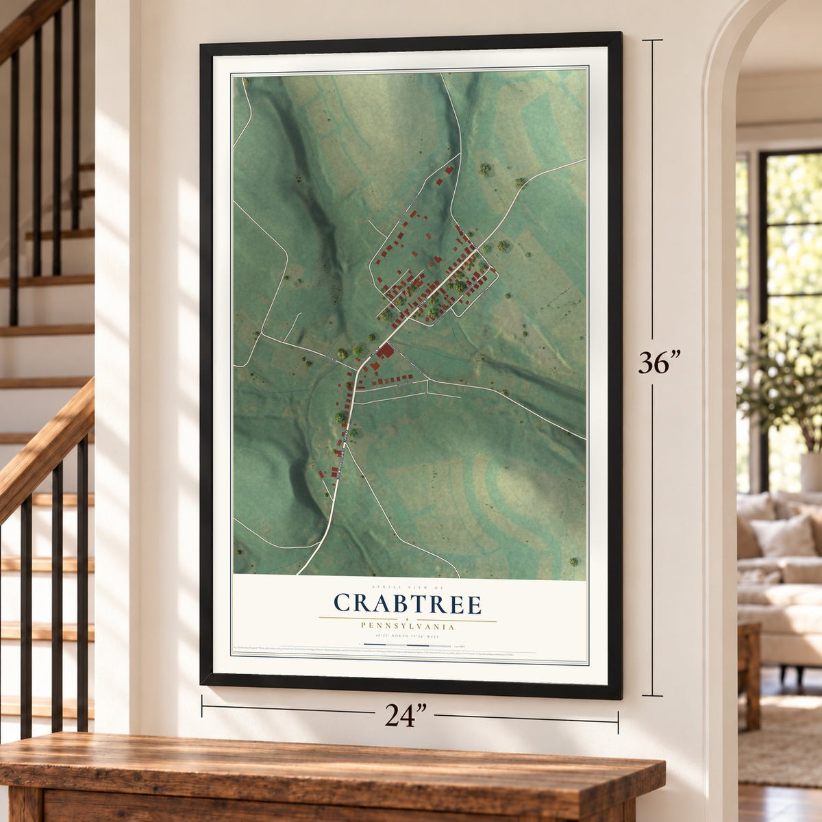 Crabtree, Pennsylvania map, 24 x 36 inch print in a black frame by a staircase