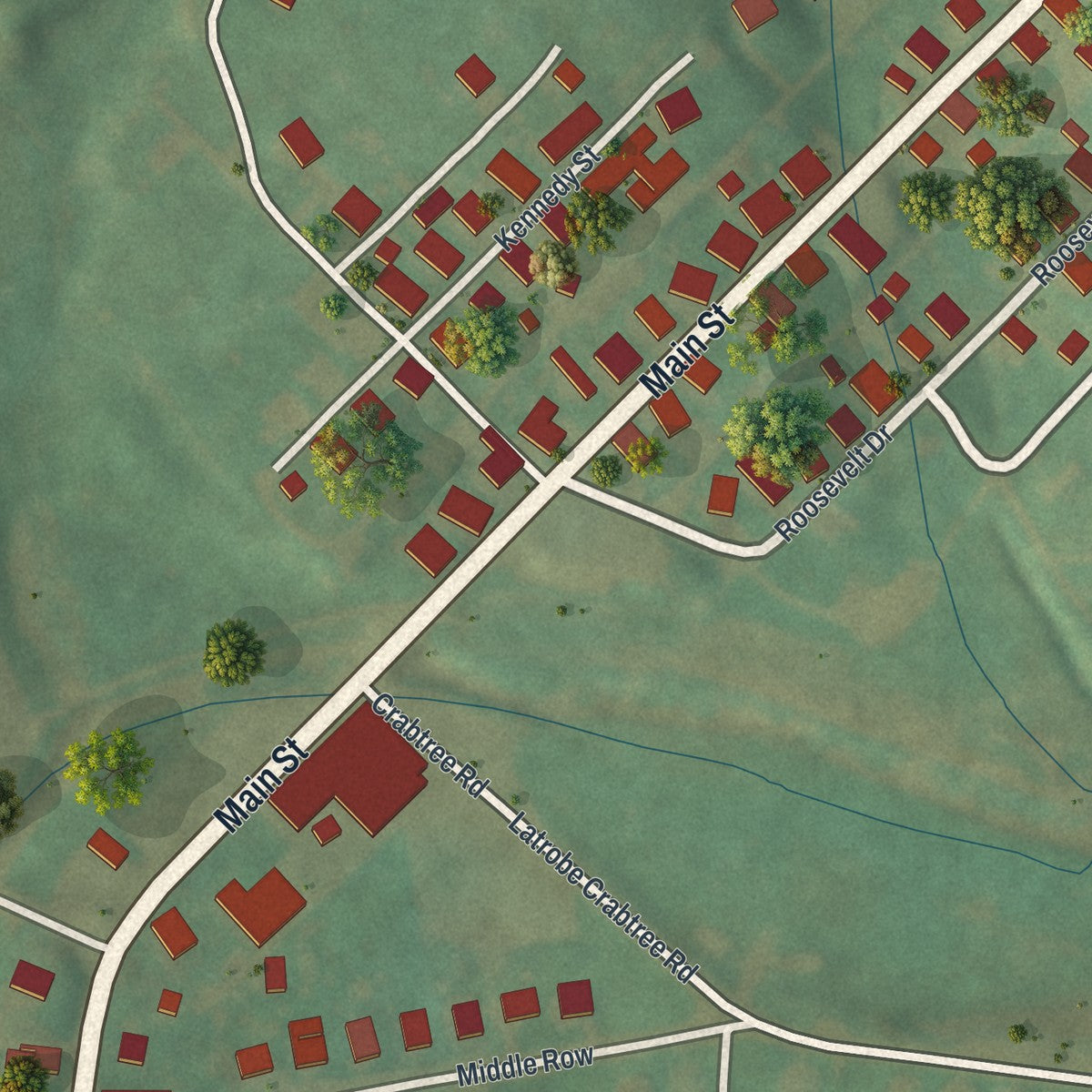 Close-up of the map of Crabtree, Pennsylvania print showing street and building detail