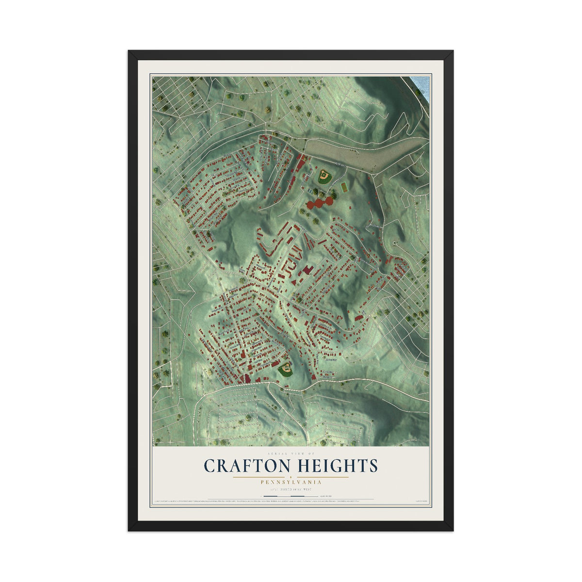 Map of Crafton Heights, Pennsylvania, 12 x 18 inch print in a black wood frame