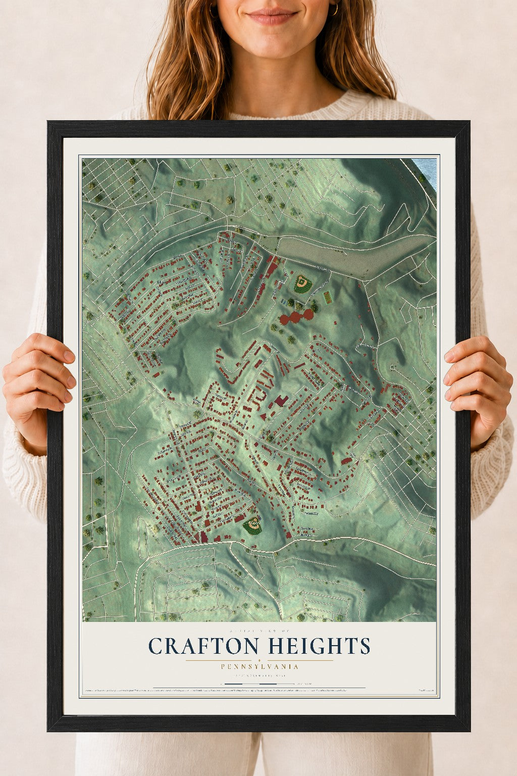 Map of Crafton Heights, Pennsylvania, 18 x 24 inch print in a black wood frame