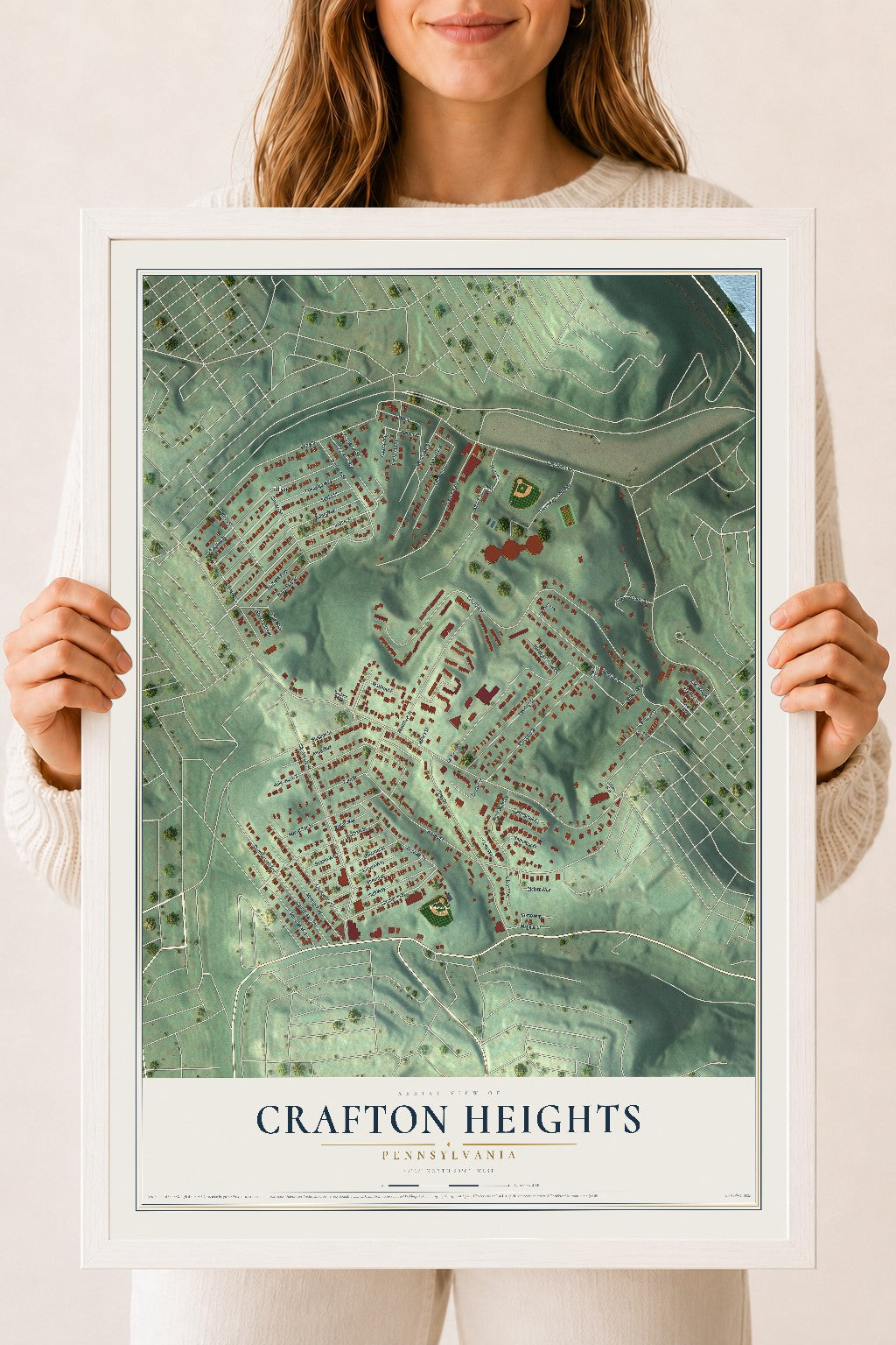 Map of Crafton Heights, Pennsylvania, 18 x 24 inch print in a white wood frame