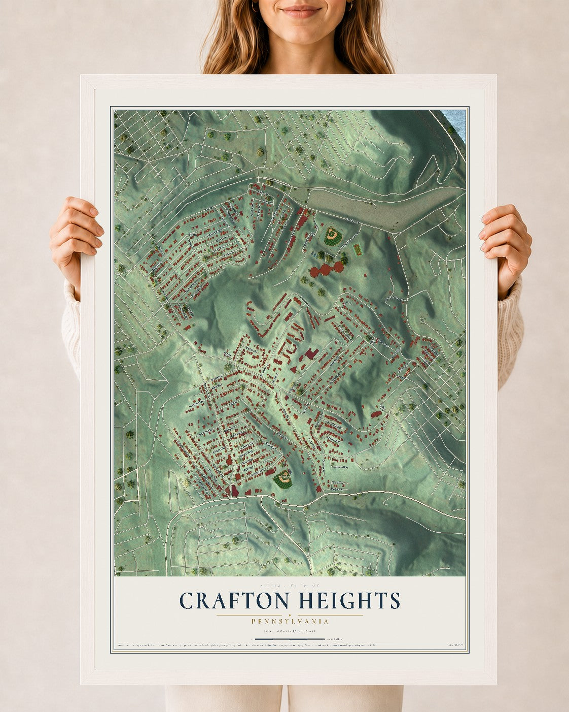 Map of Crafton Heights, Pennsylvania, 24 x 36 inch print in a white wood frame
