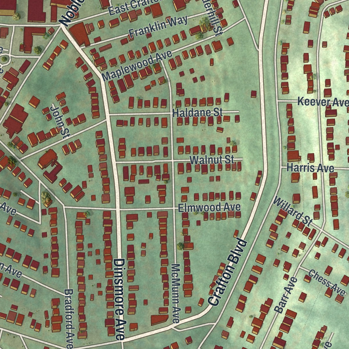 Close-up of the map of Crafton, Pennsylvania print showing street and building detail