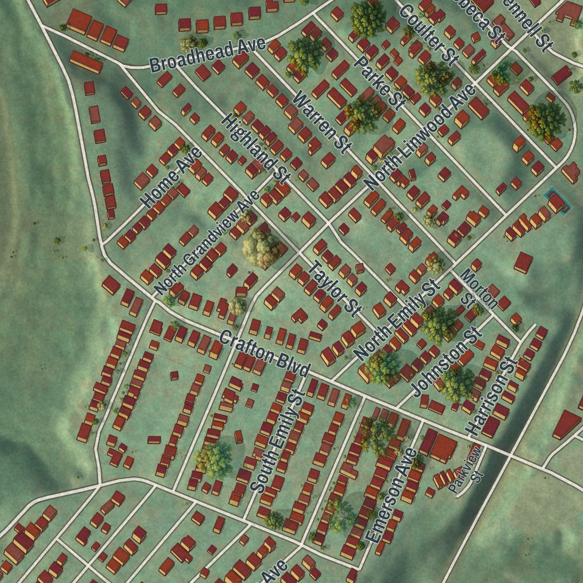 Second close-up of the map of Crafton, Pennsylvania print showing more streets and buildings