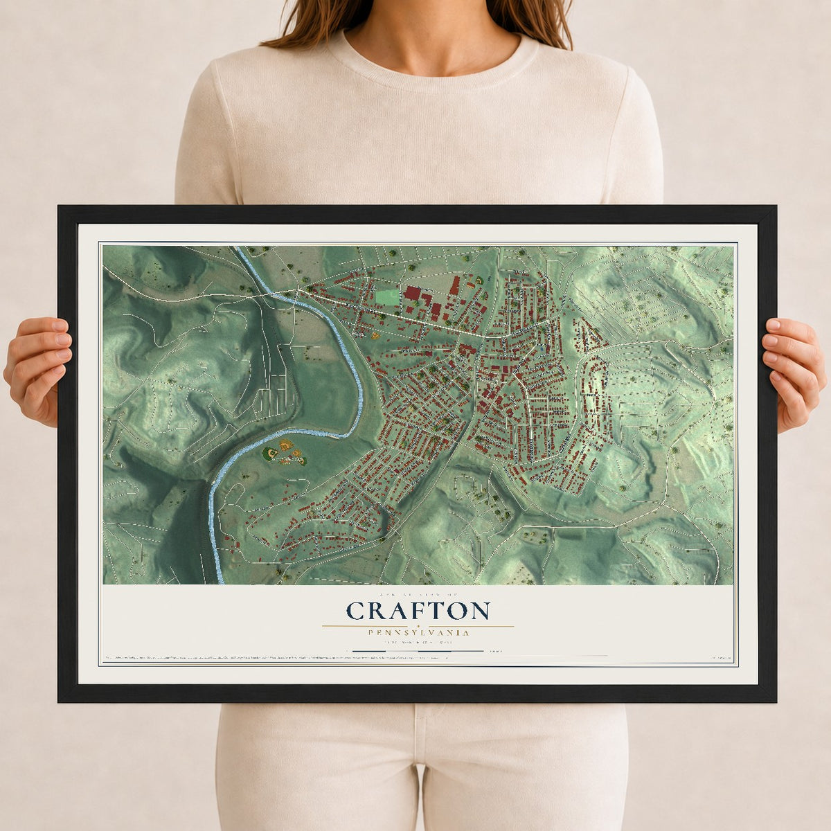 Map of Crafton, Pennsylvania, 12 x 18 inch print in a black wood frame