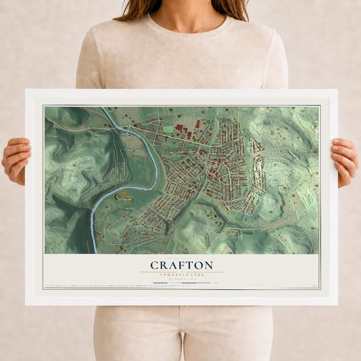 Map of Crafton, Pennsylvania, 12 x 18 inch print in a white wood frame
