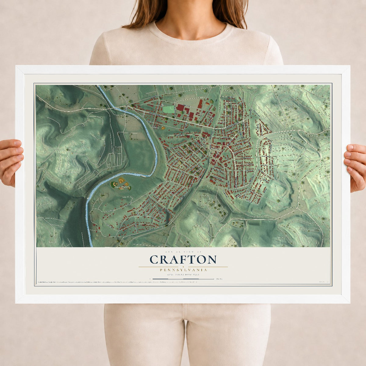 Map of Crafton, Pennsylvania, 18 x 24 inch print in a white wood frame