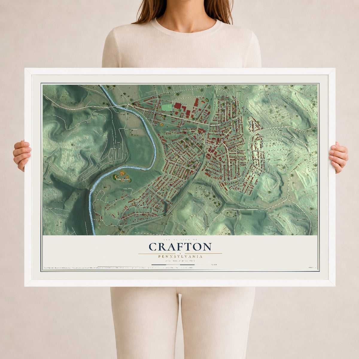 Map of Crafton, Pennsylvania, 24 x 36 inch print in a white wood frame