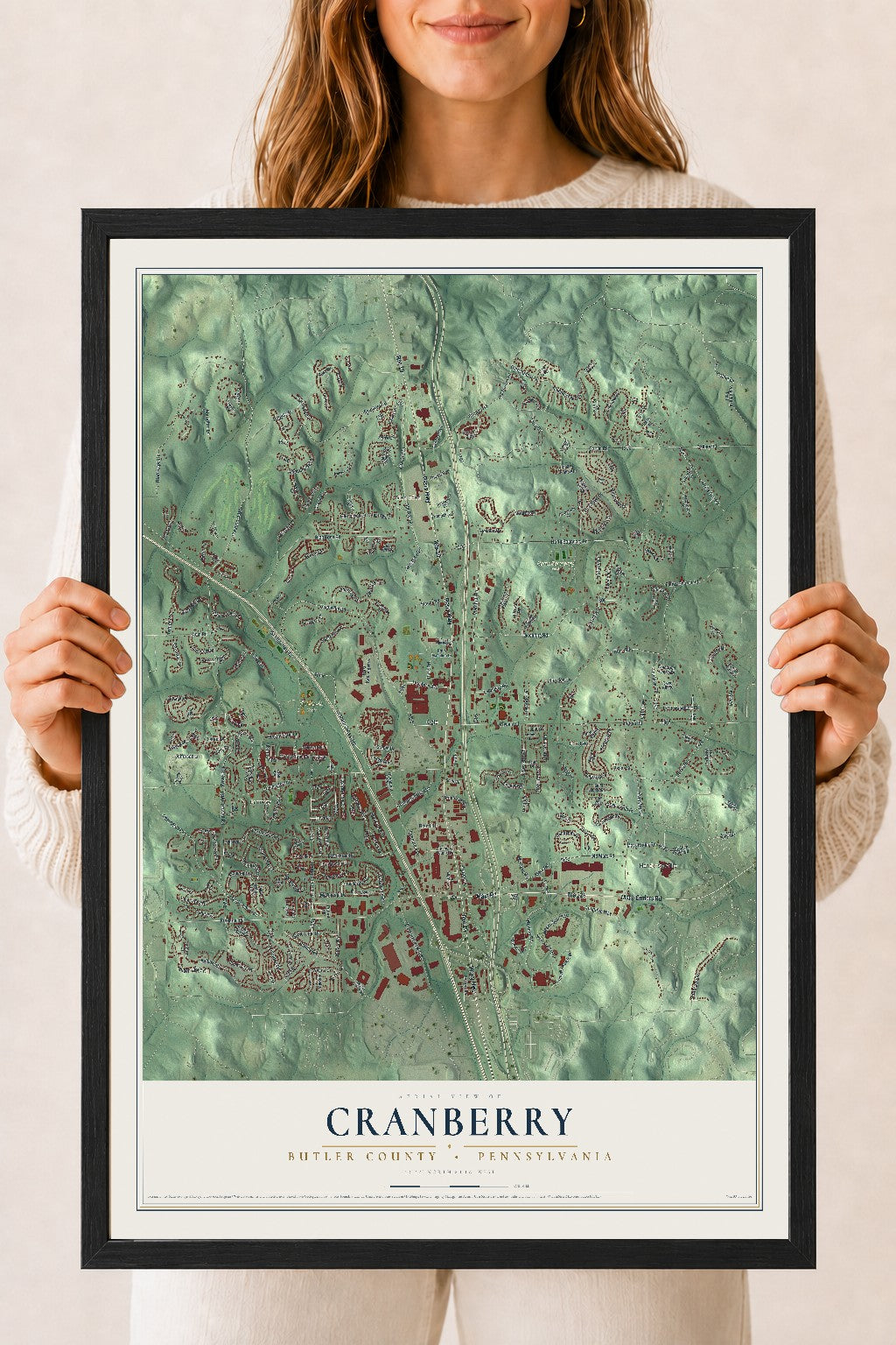 Map of Cranberry, Butler County, Pennsylvania, 18 x 24 inch print in a black wood frame