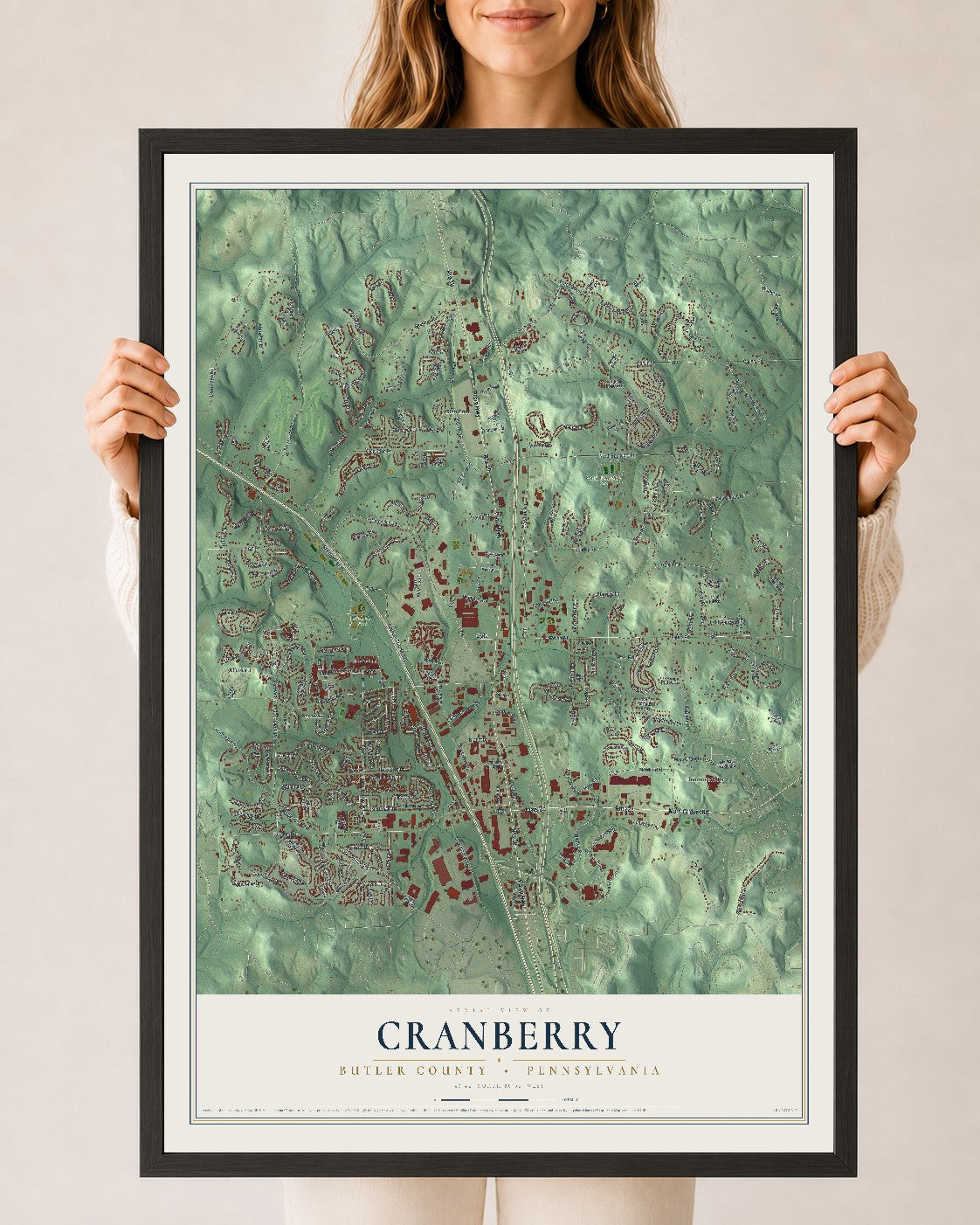 Map of Cranberry, Butler County, Pennsylvania, 24 x 36 inch print in a black wood frame