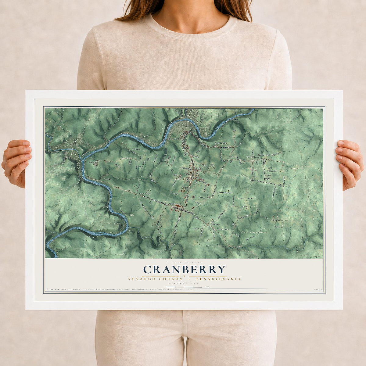 Map of Cranberry, Venango County, Pennsylvania, 12 x 18 inch print in a white wood frame