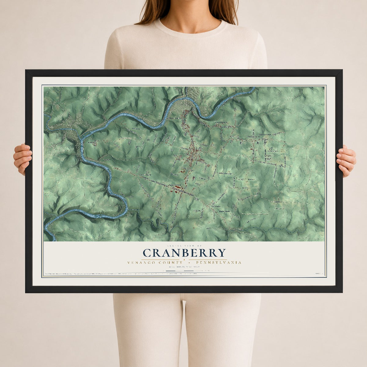 Map of Cranberry, Venango County, Pennsylvania, 24 x 36 inch print in a black wood frame