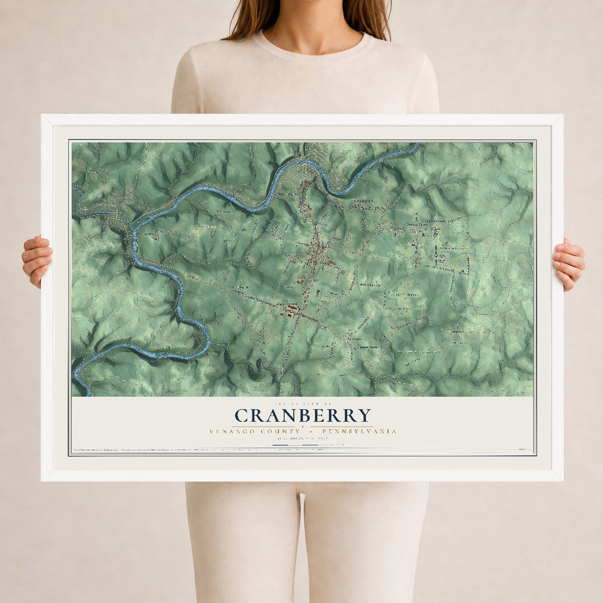 Map of Cranberry, Venango County, Pennsylvania, 24 x 36 inch print in a white wood frame