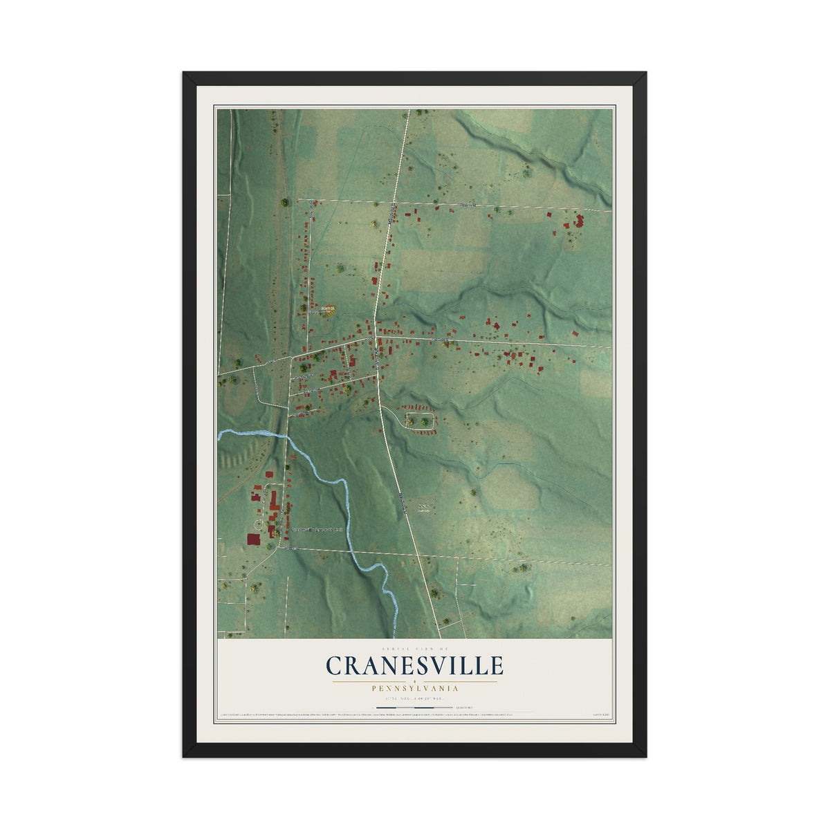 Map of Cranesville, Pennsylvania, 12 x 18 inch print in a black wood frame