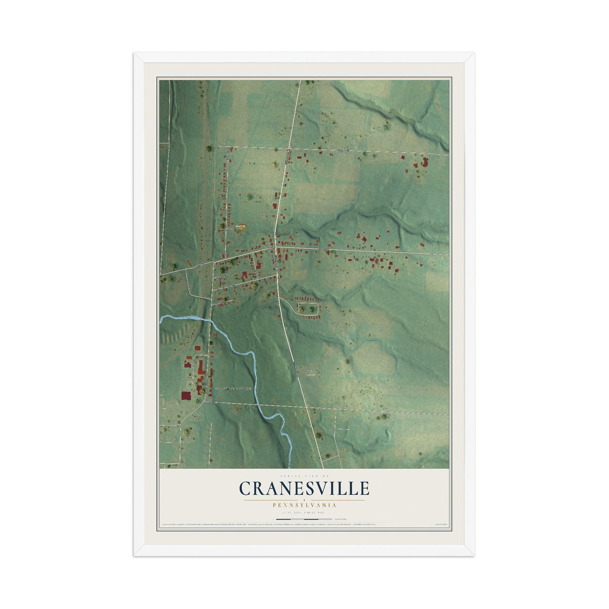 Map of Cranesville, Pennsylvania, 12 x 18 inch print in a white wood frame