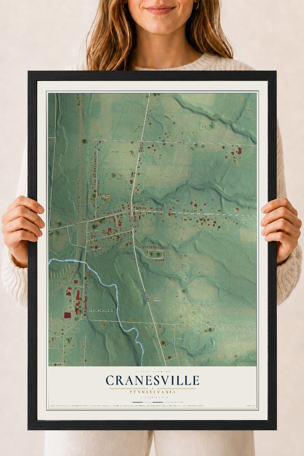 Map of Cranesville, Pennsylvania, 18 x 24 inch print in a black wood frame